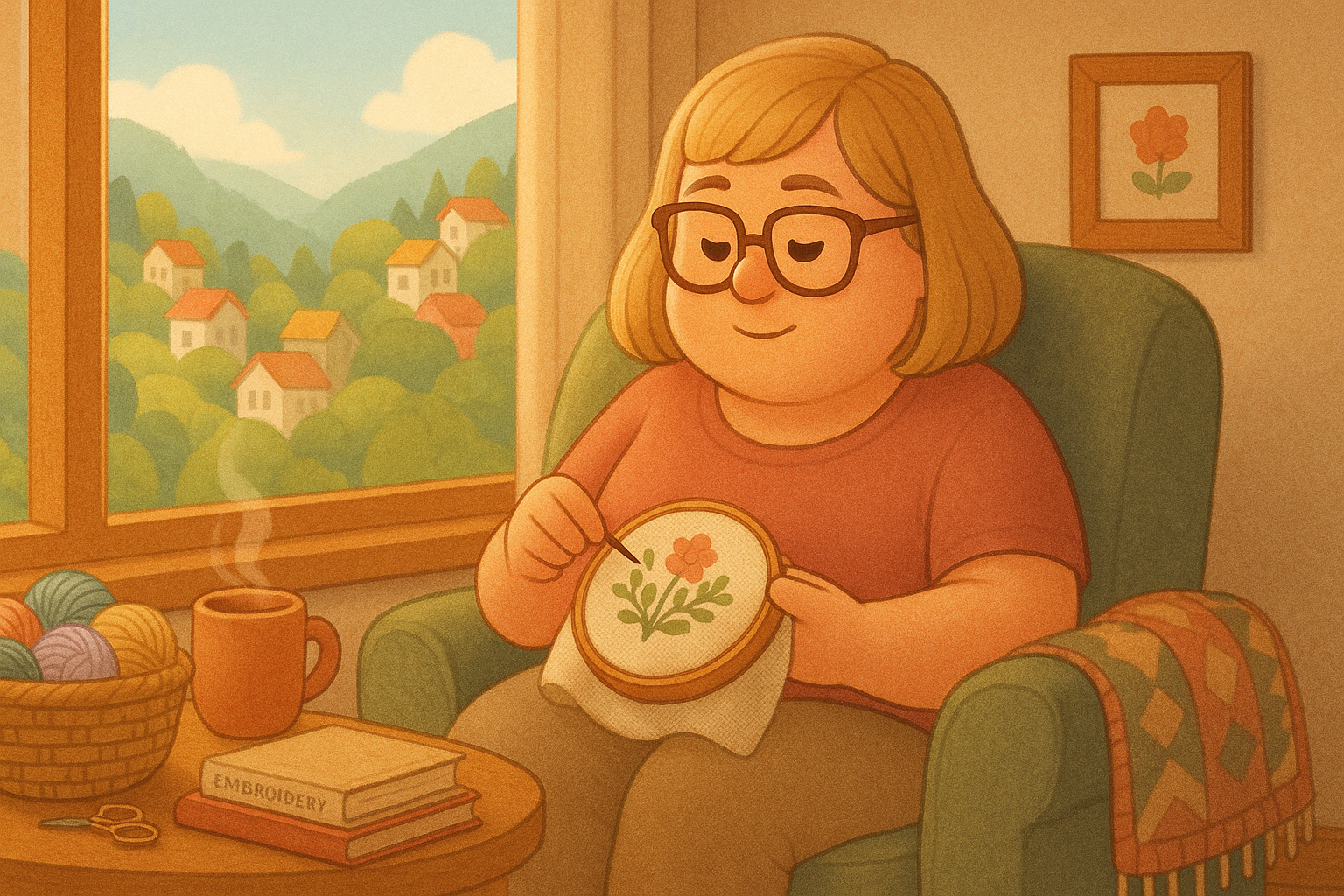 A close-up of cross-stitch materials: thread spools and fabric