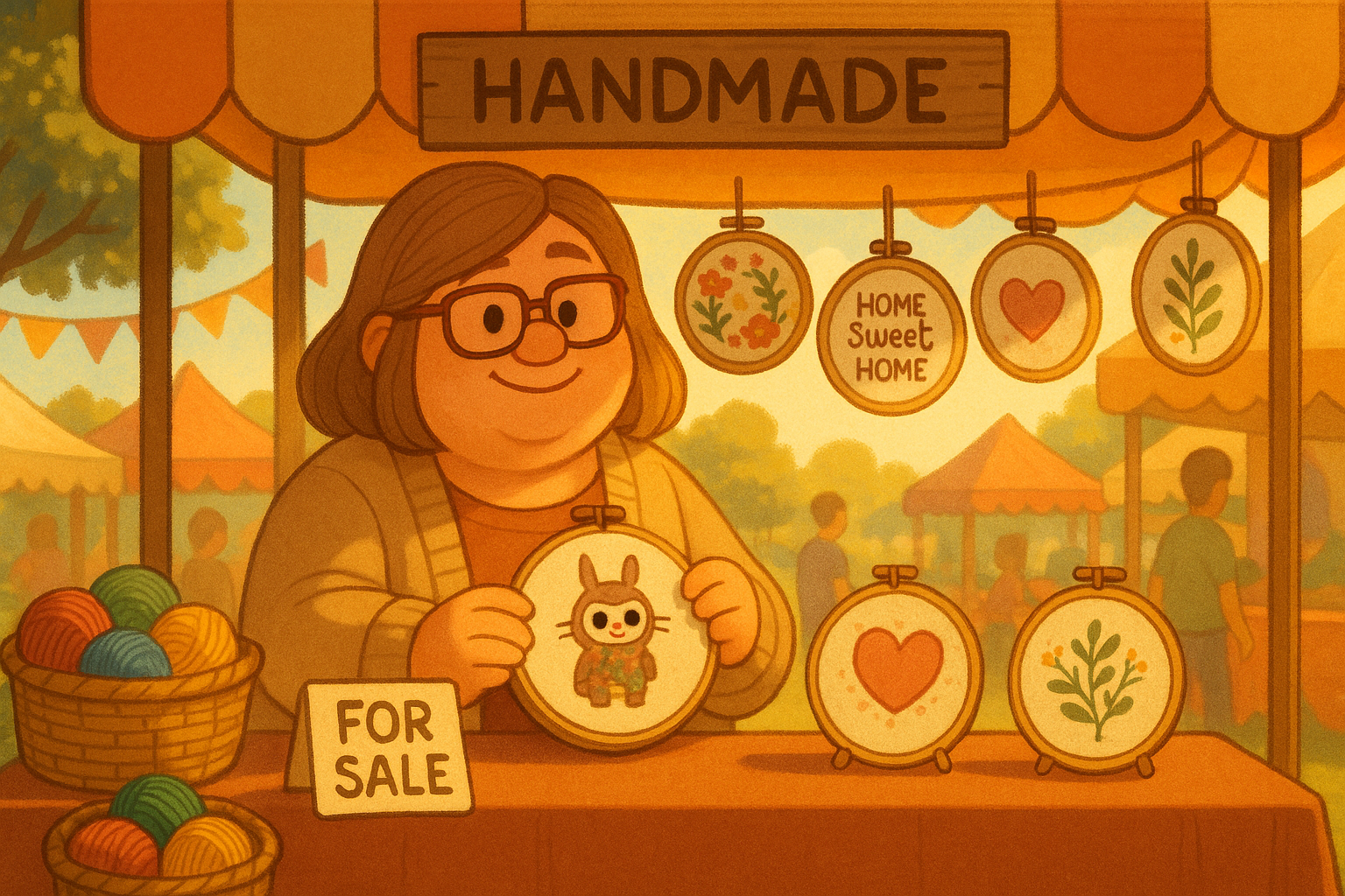 Hand-stitched cross-stitch art with threads and needles